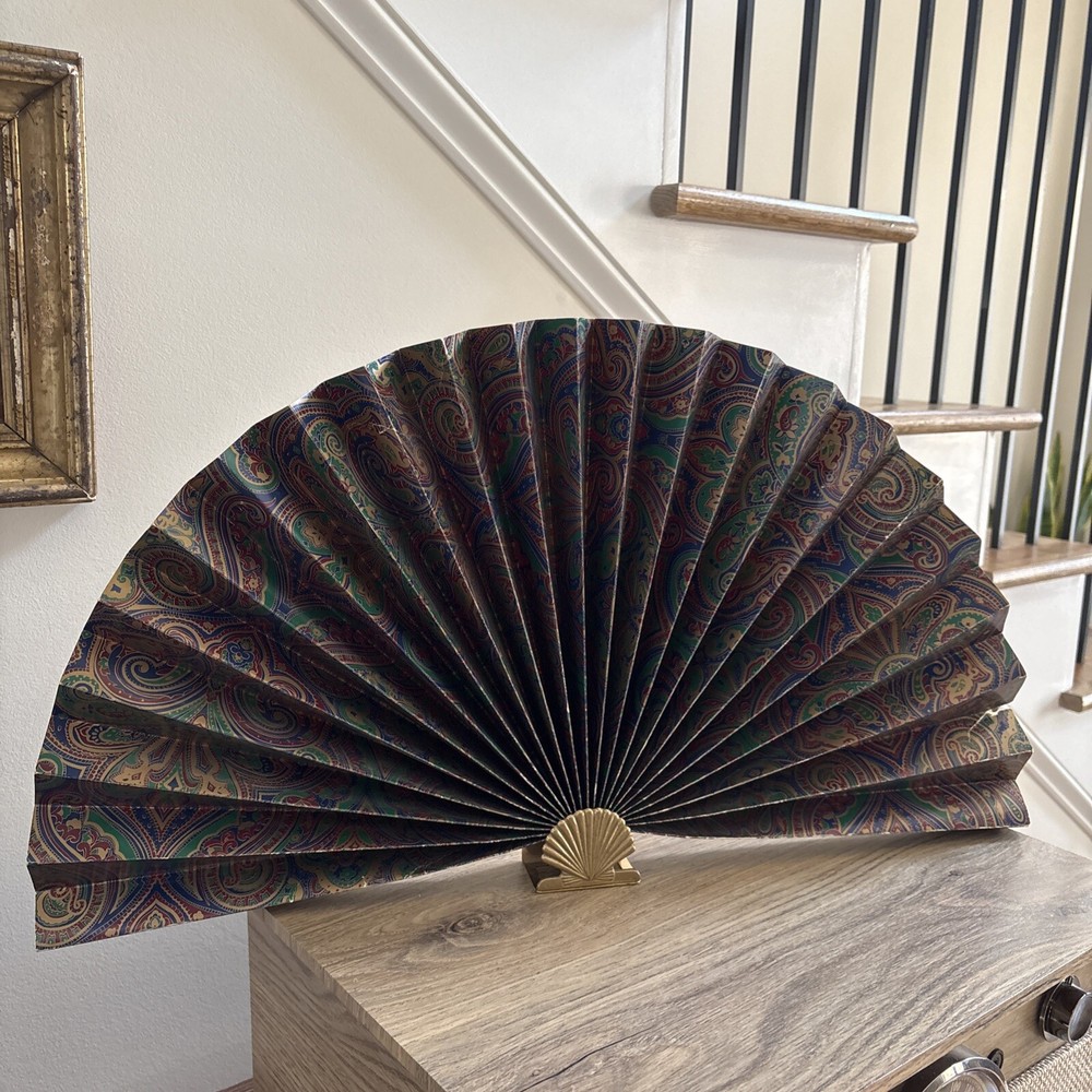 VTG CBK LTD 1988 Paper Decorative Fan Brass Base Green Paisley Print 24×13 in