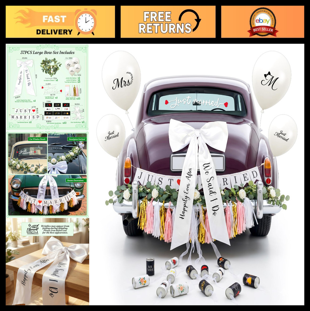 37 Pcs Wedding Car Decorations – Just Married Jumbo Bows, Vines, Balloons & Sign