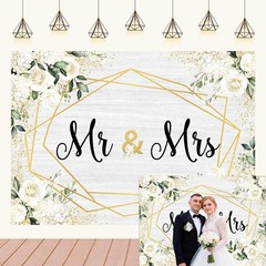 Mr & Mrs Wedding Backdrop Banner White Rose Floral Wooden Wall Glitter Lights