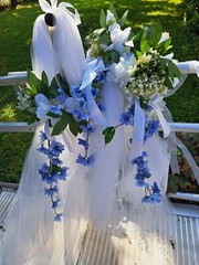 Wedding aisle pew chair flower tulle bouquets 8 qty blue with white peonies