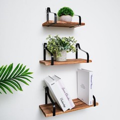 3 Natural Rectangular Wood FLOATING SHELVES Metal Brackets Room Home Decorations