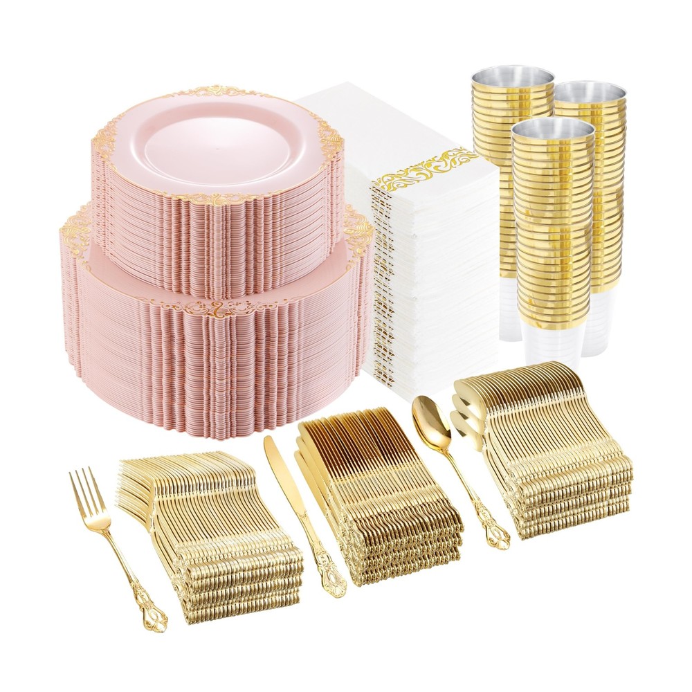 YOUBET 700PCS Pink Plastic Plates – Pink and Gold Plates – Luxury Pinks Plast…