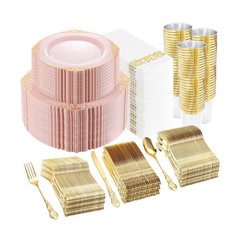 YOUBET 700PCS Pink Plastic Plates – Pink and Gold Plates – Luxury Pinks Plast…
