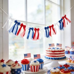 Patriotic Red White Blue Bow Satin Garland 4th of July Party Decorations 6.5 Ft