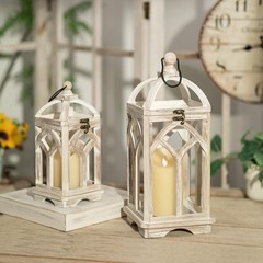 Farmhouse Lanterns Decorative Indoor: 11″ & 15″ Set of 2 White Wooden Candle …