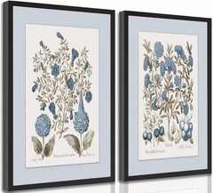 2 Pcs Hydrangea Floral Canvas Wall Art Vintage Rustic Farmhouse Sepia and Blu…