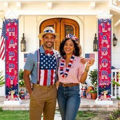 2 Pcs Party Decoration, Happy Door Banner, Patriotic Star Stripes Labor Day