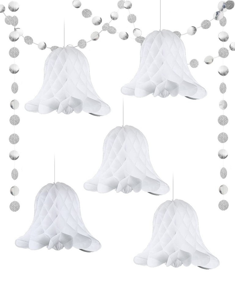 Hanging Paper Bells Honeycomb 5 Pieces and Glittery Silver Tassels,White Brid…