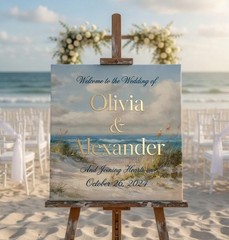 Beach Wedding Welcome Sign, Coastal Oceanside Landscape Canvas, Tropical