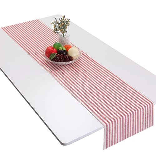 Red Striped Table Runner Cotton Linen Runners for Table Wedding 13″x54″ #1-red