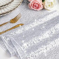 RUDONG M 1 Pack Silver Sequin Table Runner 12 x 108 Inch, Rectangle Glitter