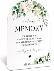 In Loving Memory Sign for Wedding Memorial Table, Elegant White Rose and Eucalyp