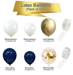 Navy Blue Balloons Garland Kit, 120 pcs Navy and Gold Confetti White Balloons