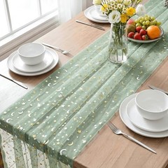 Gauze Stars Moon Table Runner 10FT, Glitter Metallic 28″ x 120″ Sage Green