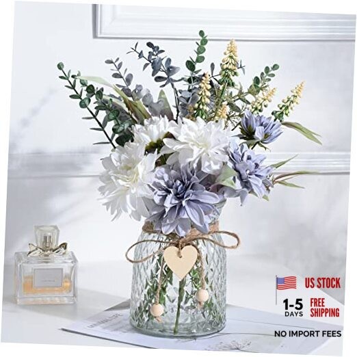 Fake Flowers Artificial Blue Flowers with Vase, Table White and Blue
