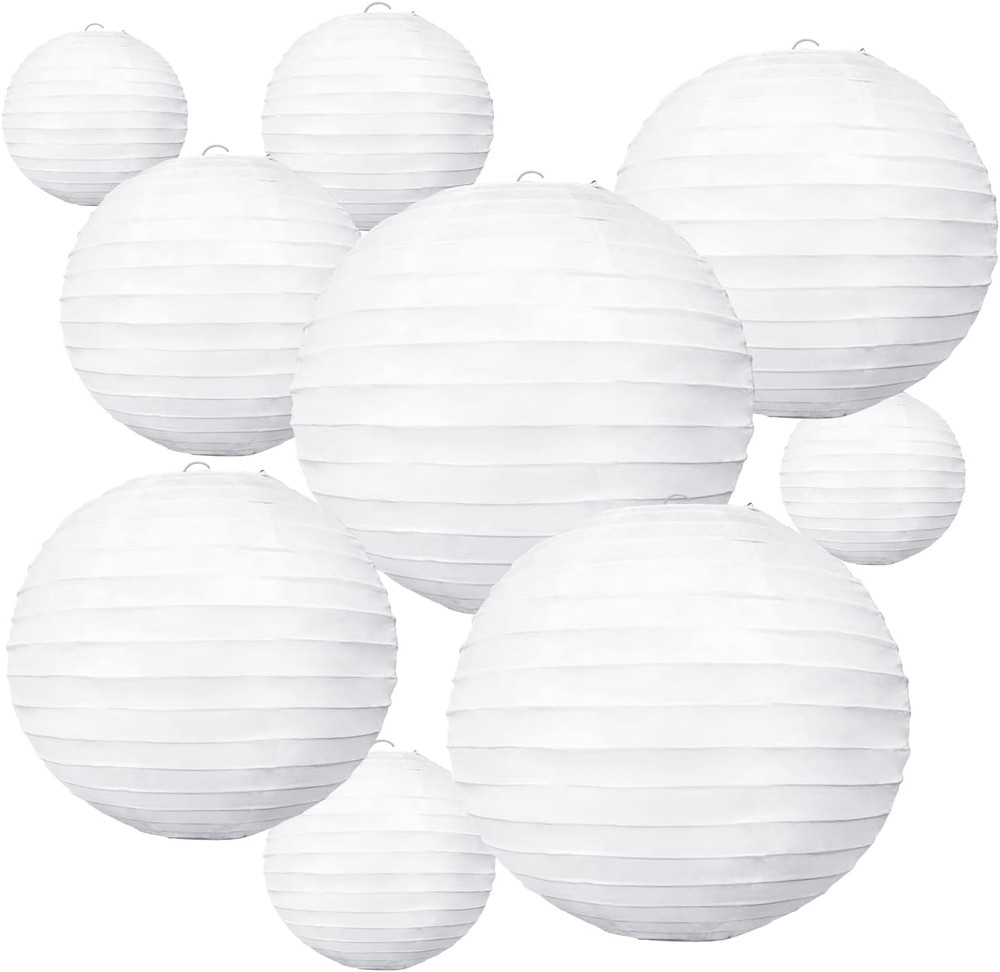 10 Linternas de Papel Blanco Redondas Colgantes de 4 a 10 Pulgadas Decoracion
