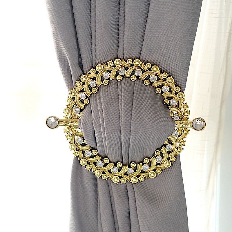 2 GOLD Plastic 7″ Round Curtain Tie Backs Acrylic Crystals Drapery Holdbacks