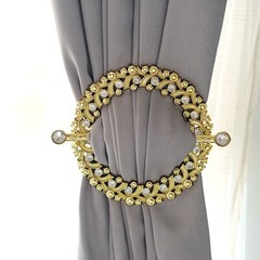 2 GOLD Plastic 7″ Round Curtain Tie Backs Acrylic Crystals Drapery Holdbacks