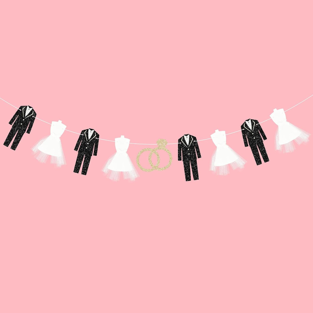 Bride and Groom Wedding Dress Garland Banner, 9.8 Ft Hanging Tuxedo and Gown wit