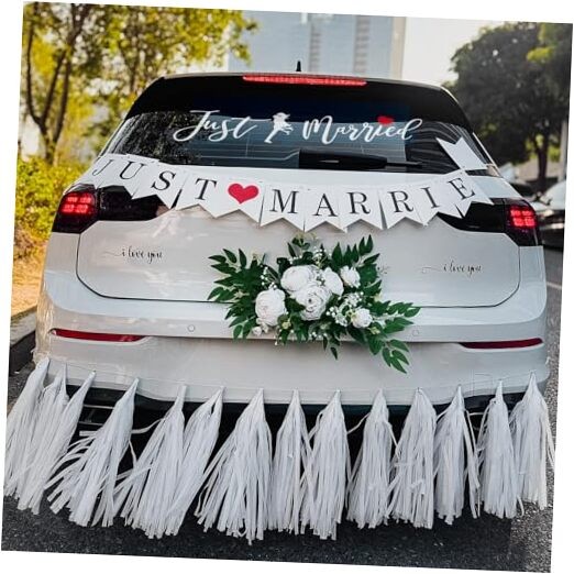 5PCS Just Married Decorations Set for Car – White Just Married Artificial