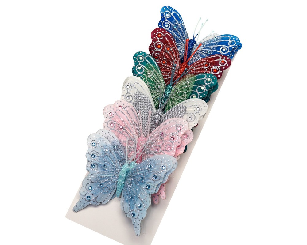12PC 4″ Pastel + Silver Glitter Feather Butterfly Craft DIY Wedding Cake Topper