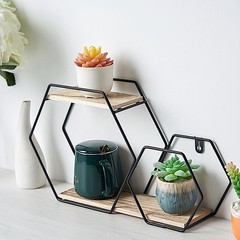 2 Tier Black Natural Hexagon Metal Wood Geometric Floating Shelf Decorations