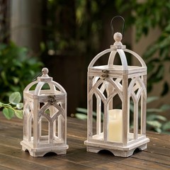 Farmhouse Lanterns Decorative Indoor: 11″ & 15″ Set of 2 White Wooden Candle …