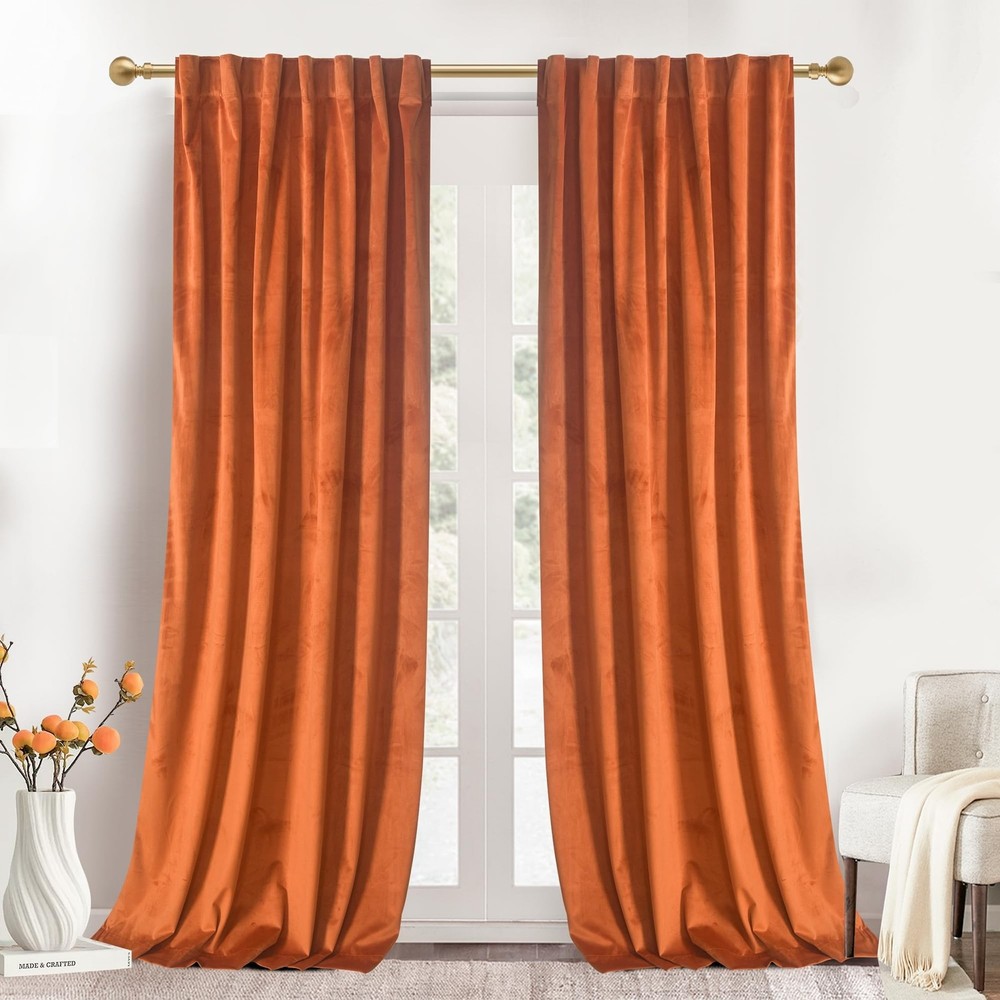 Roslynwood Luxury Soft Russet Orange Velvet Curtains 84 inches Long Back Tab …