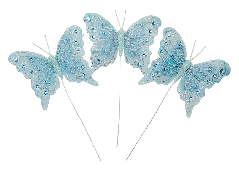 12PC 4″ Blue + Silver Glitter Feather Butterflies Craft DIY Wedding Cake Topper