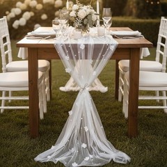 3 Pcs Table Runner 10ft/ 29 x 120 Inch Embroidery Tulle Fabric White Pearl