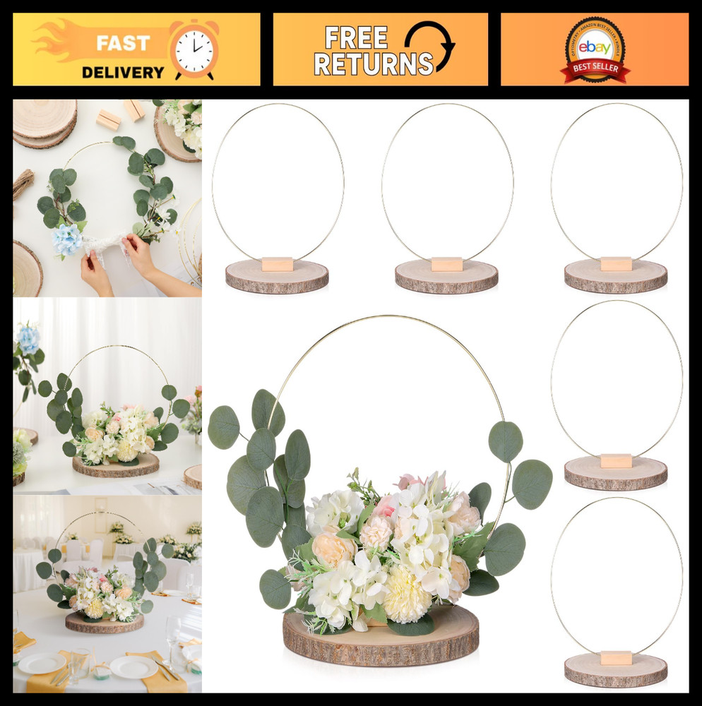 Rustic Wedding Centerpiece Set – 12″ Metal Floral Hoop & Unfinished Wood Slices