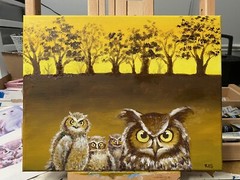 Owls Original Oil Painting On Canvas, Signed By Artist,yellow,nursery,art,nature