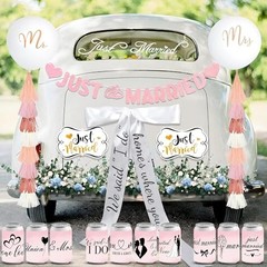 20 Pcs Pink Just Married Car Decorations Include 10 Can Stickers Satin Ribbon