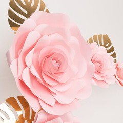 9 PINK 3D Rose Paper Flowers with Gold Monstera Leaves Wedding Decorations
