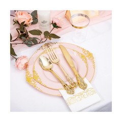 YOUBET 700PCS Pink Plastic Plates – Pink and Gold Plates – Luxury Pinks Plast…