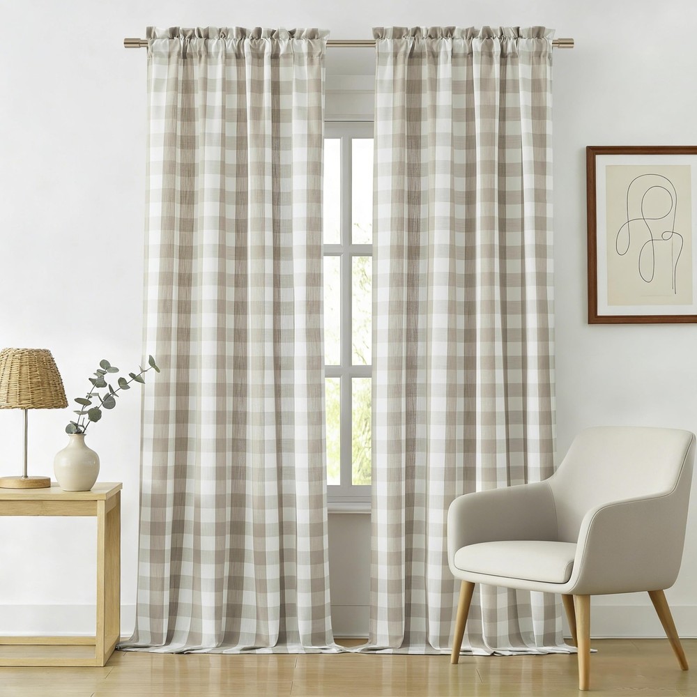 90 Inch Beige White Plaid Semi Sheer Curtains,Extra Long Textured Drapes for …
