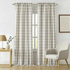 90 Inch Beige White Plaid Semi Sheer Curtains,Extra Long Textured Drapes for …