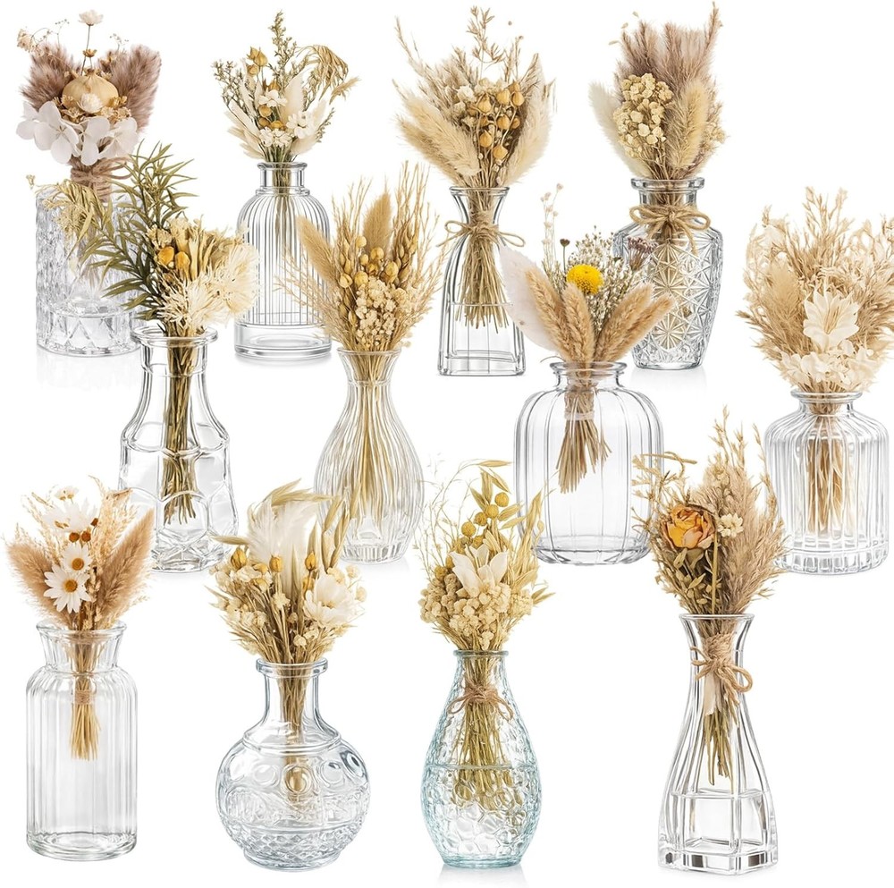24 Pcs Boho Dried Flower Bouquet with Glass Vase Set 12 Mini