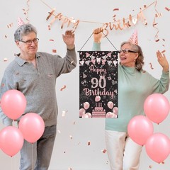 Rose Gold 90th Birthday Decorations – Door Banner, Hanging Banner & Wall Deco…