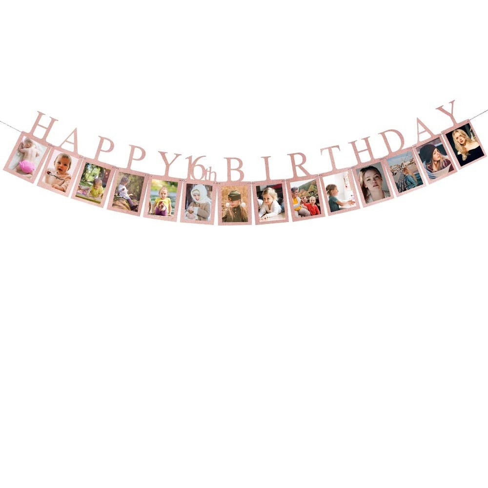 Rose Gold Happy 16th Birthday Photo Banner – Sweet Sixteen Photo Prop Party B…