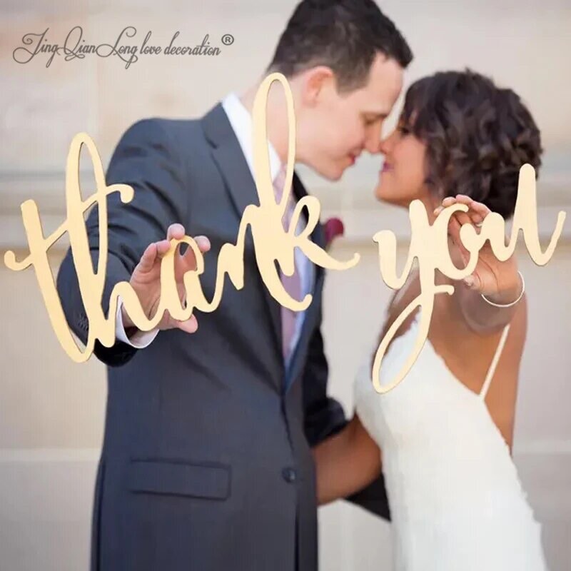 Gold “Thank You” Calligraphy Style Wedding Sign Invitations Picture Prop Wooden