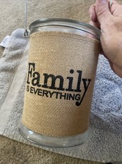 Glass Lantern with Wrapped Burlap Wood Handle Family Is Everything.