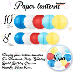 Blue, Red,Yellow,White Paper Lanterns Set (10 Pcs)- 8/10 Inch round Hanging Pape