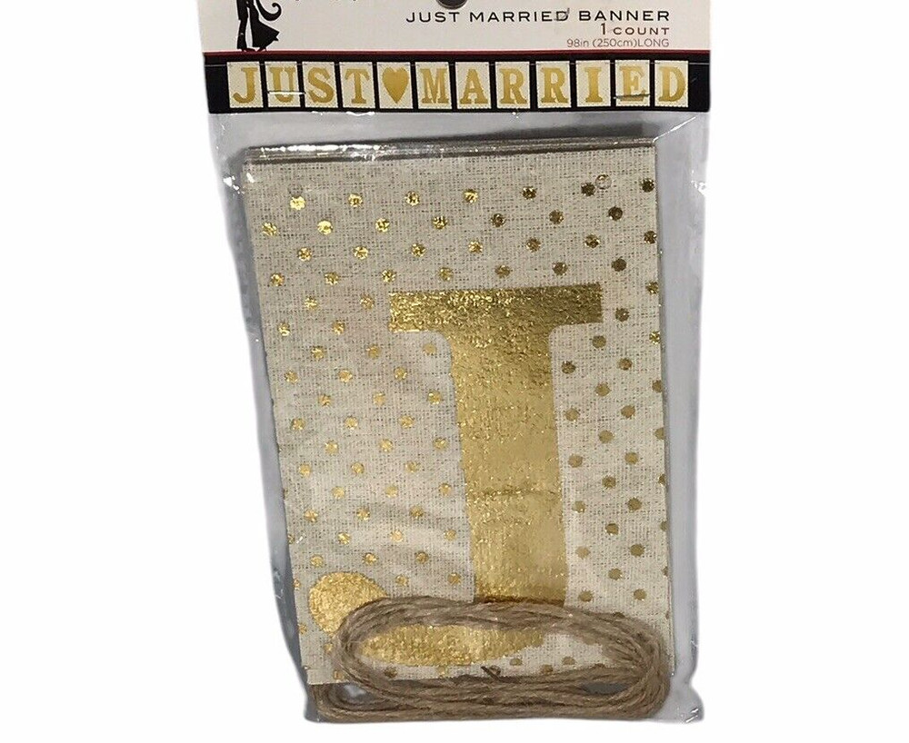 Just Married Tan Banner Gold Shimmery Polka Dot Letters 98″ L His and Hers