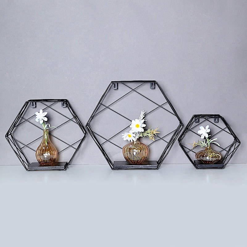 3 BLACK Hexagon Metal with Wood GEOMETRIC FLOATING SHELVES Party Events Supplies