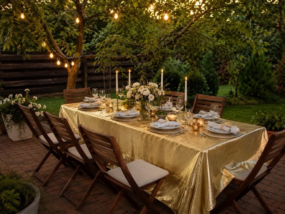 Gold Wedding Chair Cover Bow Set 16 Covers + 3 Tablecloths Event Decor