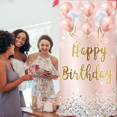 Pink Rose Gold Happy Birthday Door Banner Backdrop Decorations for Women Girl…