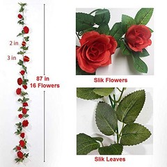 4PCS(28.8 FT,16 Flowers) Artificial Flower Garland with White Rose, Fake Red