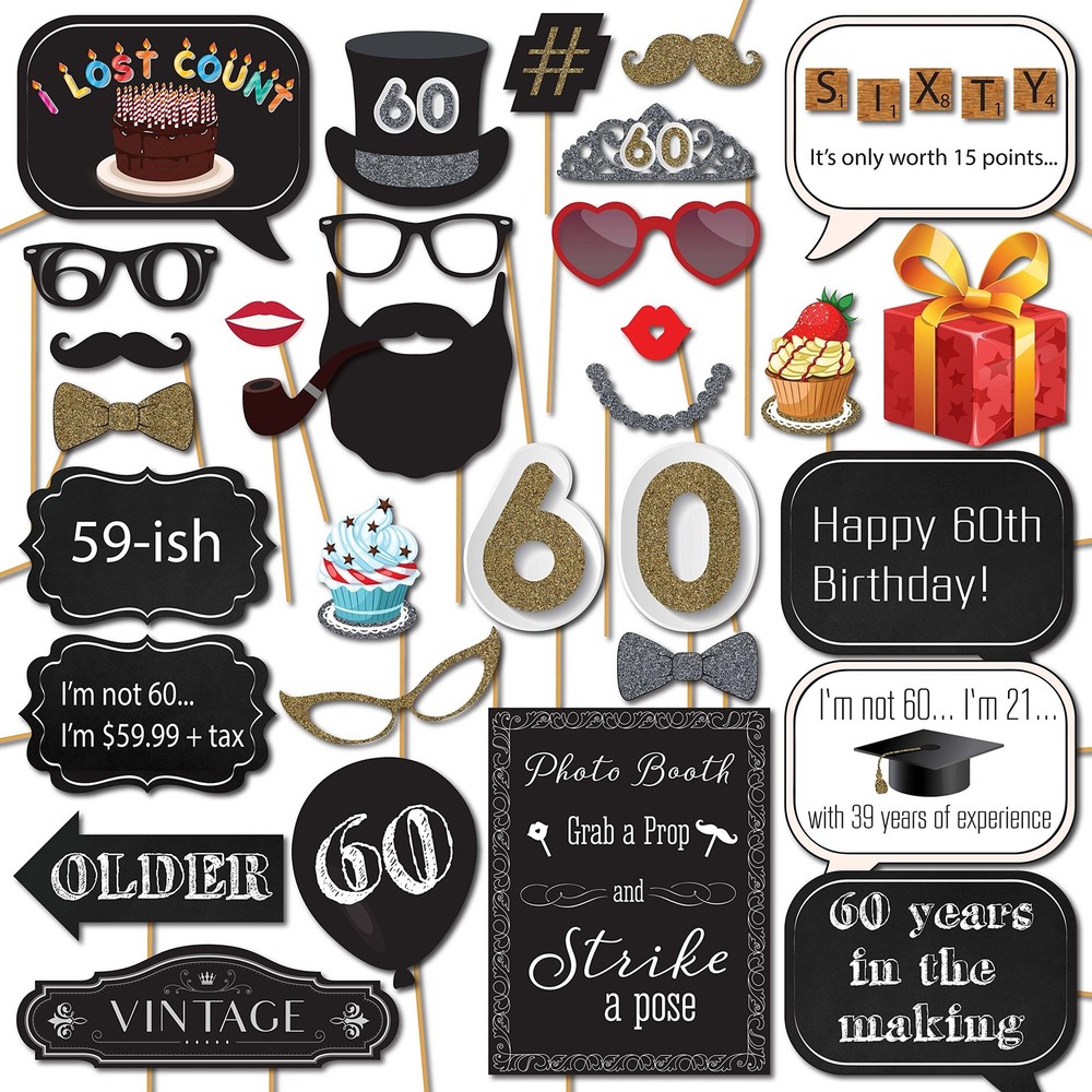 60th Birthday Photo Booth Props – 31-pc Selfie Props with 8 x 10-Inch Sign, 4…