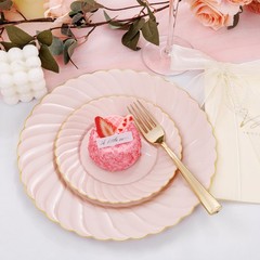 YOUBET 125Piece Pink Plastic Plates with Gold Rim – Scalloped Plastic Plat